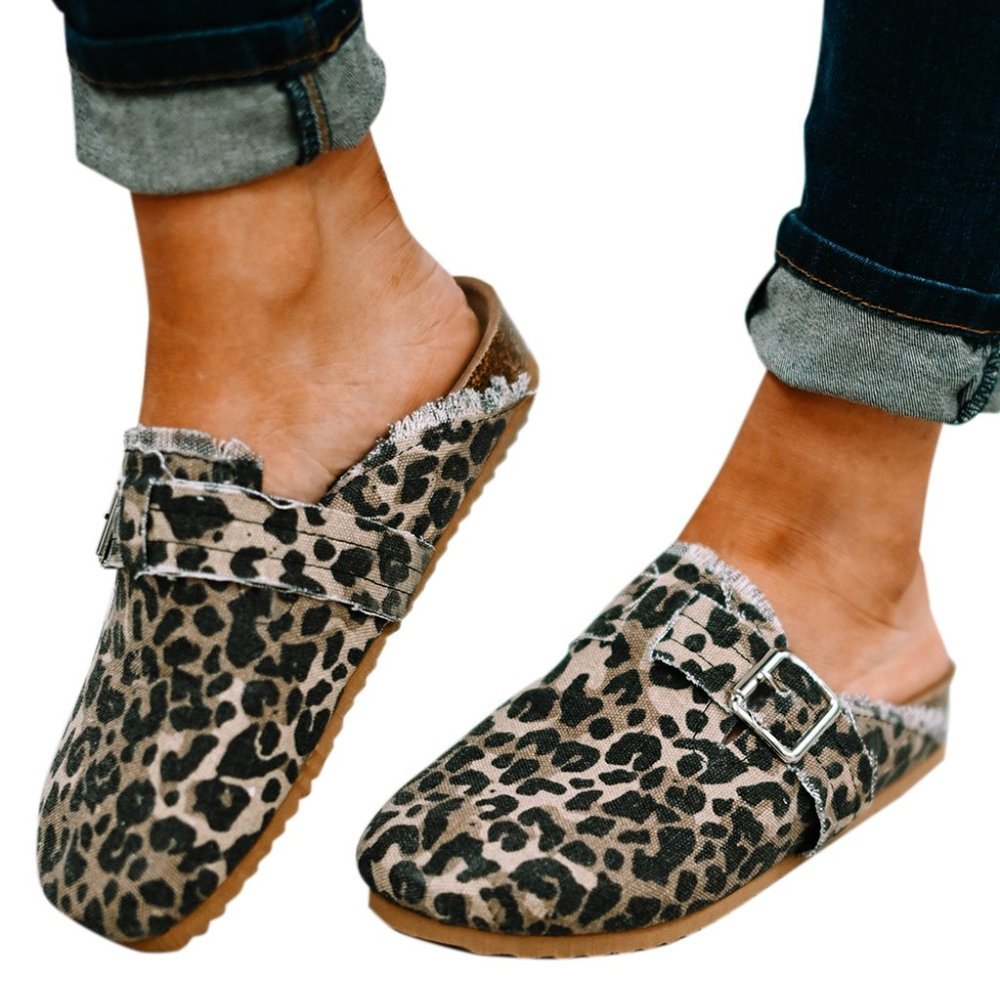 Leopard Buckle Strap Frayed Canvas Slip On Slippers - Picture 9 of 9